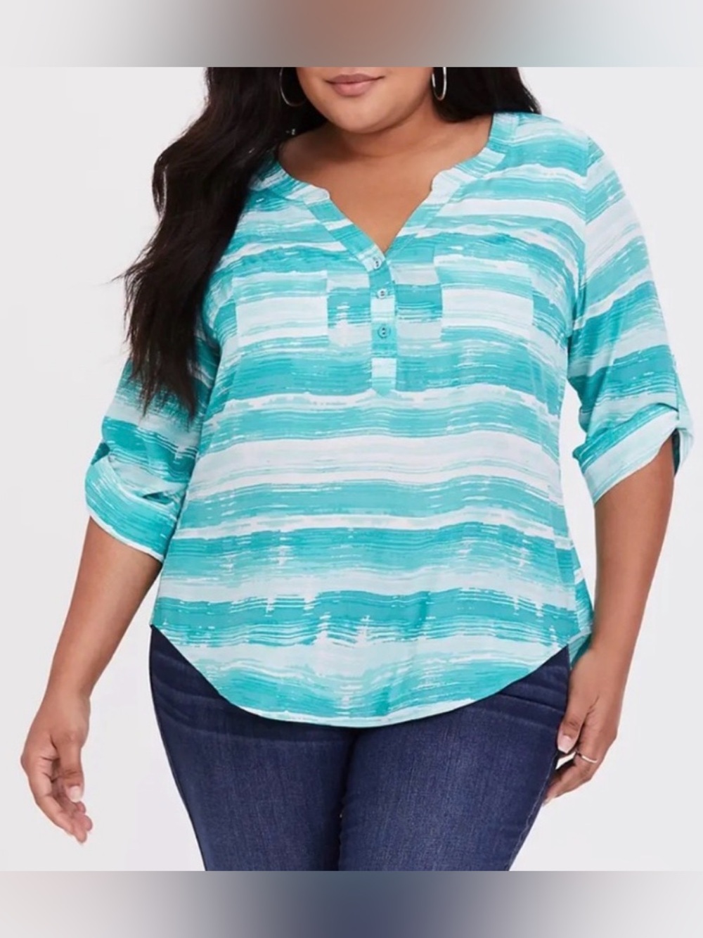 Torrid Aqua and White Striped Button-Front Henley Size 2X